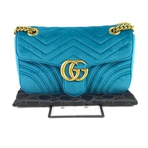 Authentic Gucci Teal Blue Velvet GG Small Marmont Matelasse Shoulder Bag w/AGHW